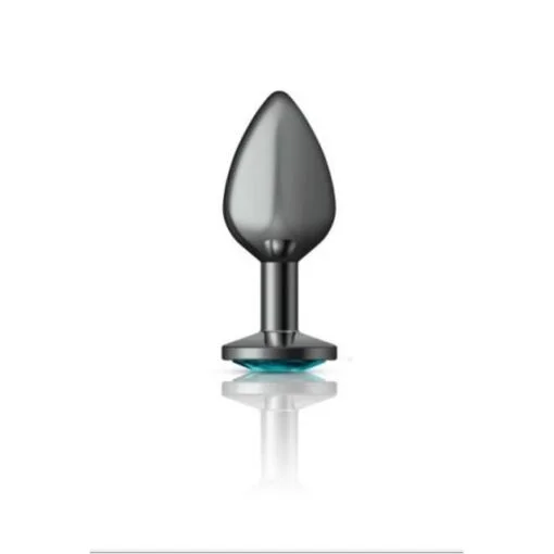 Cheeky Charms Gunmetal Round Butt Plug w Teal Jewel Medium - Image 2