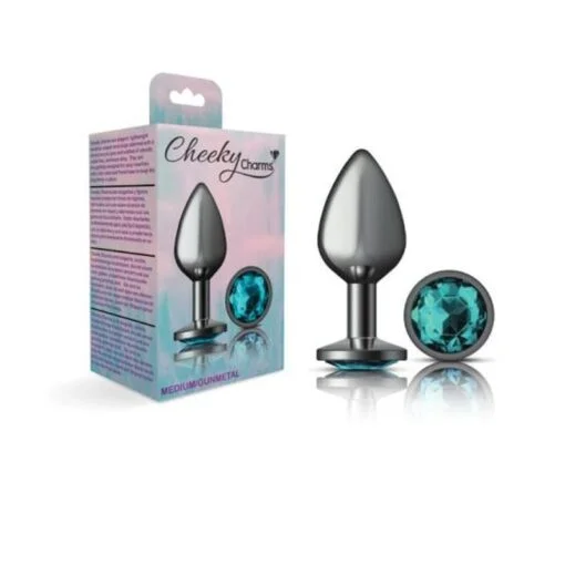 Cheeky Charms Gunmetal Round Butt Plug w Teal Jewel Medium - Image 3