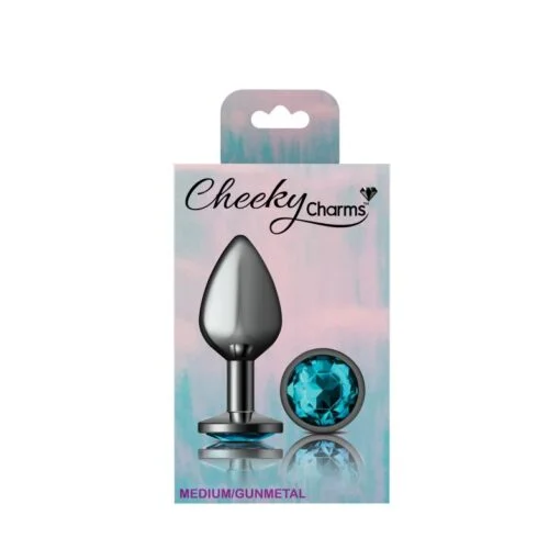 Cheeky Charms Gunmetal Round Butt Plug w Teal Jewel Medium - Image 4
