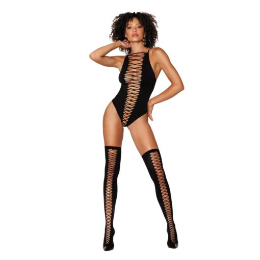 Dreamgirl Opaque Seamless Criss-Cross Teddy w Matching Stockings Set Black