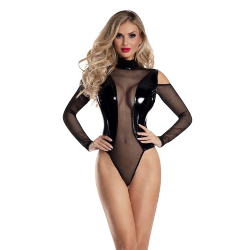 Starline Kalis Wet Look Cold Shoulder Bodysuit Black